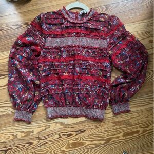 Anthropologie Ranna Gill Red Floral Smocked Neck Blouse